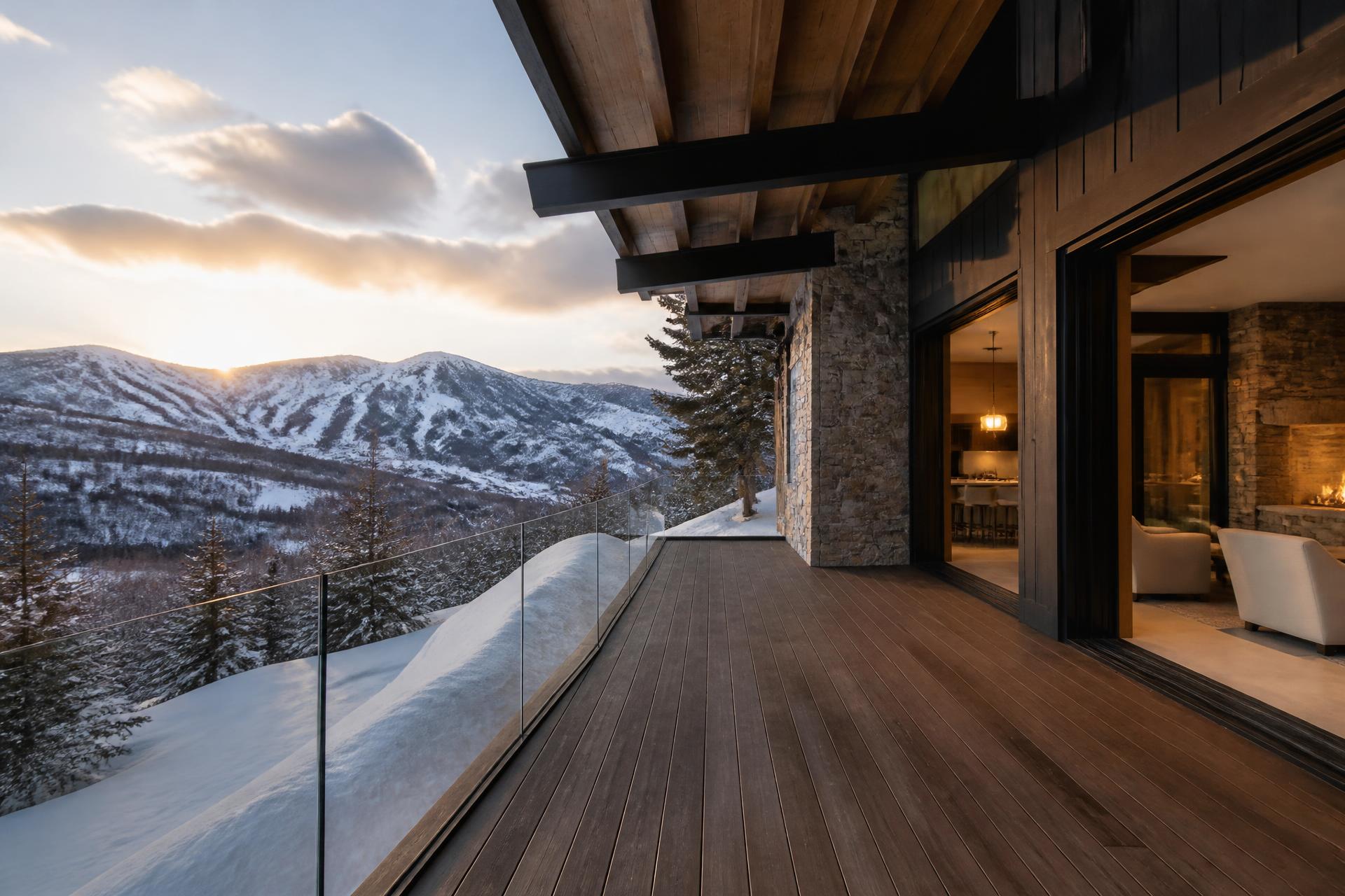 Mountain-modern custom deck at a Park City, Utah home with glass guardrail and snow-covered Wasatch backdrop in golden light